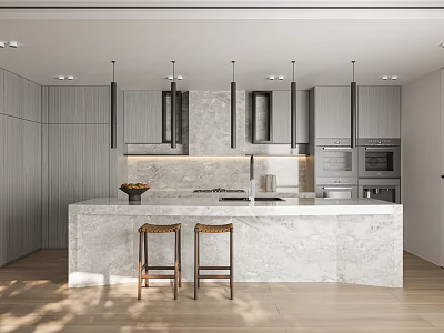 Modern Kitchen Interior With Marble Island Cabinets Pendant Lights Appliances And Bar Stools 3d model