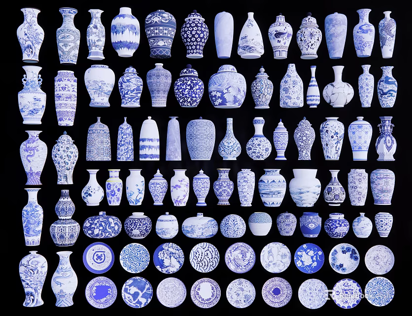 Traditional Blue and White Ceramic Vessels Collection with Various Shapes and Decorative Designs 3d model 