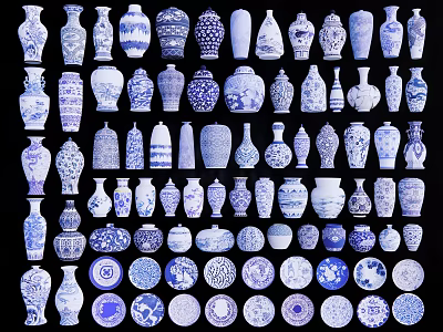 Traditional Blue and White Ceramic Vessels Collection with Various Shapes and Decorative Designs 3d model