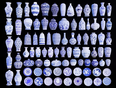 Traditional Blue and White Ceramic Vessels Collection with Various Shapes and Decorative Designs 3d model