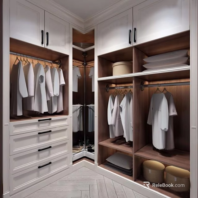 Modern Wardrobe Interior Design With Hanging Clothes Drawers And Wooden Shelves 3d model 
