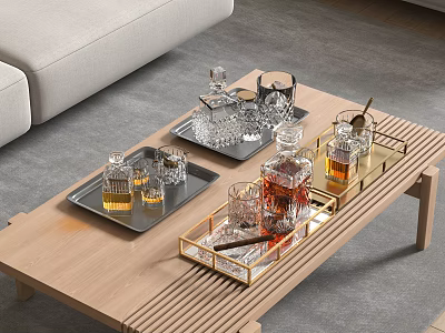 Elegant Liquor Bottles And Glassware Arranged On Wooden Coffee Table With Trays And Sofa 3d model