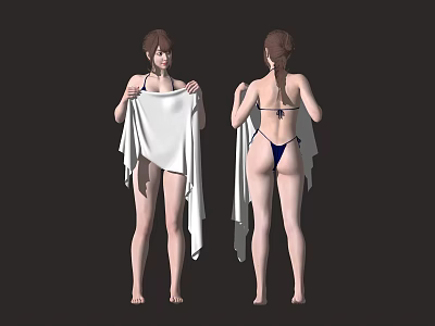 Woman Front And Back View Holding White Towel In Blue Bikini Standing Pose 3d model