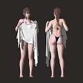 Woman Front And Back View Holding White Towel In Blue Bikini Standing Pose