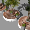 Modern Wooden Curved Landscape Seat With Palm Trees In Outdoor Area