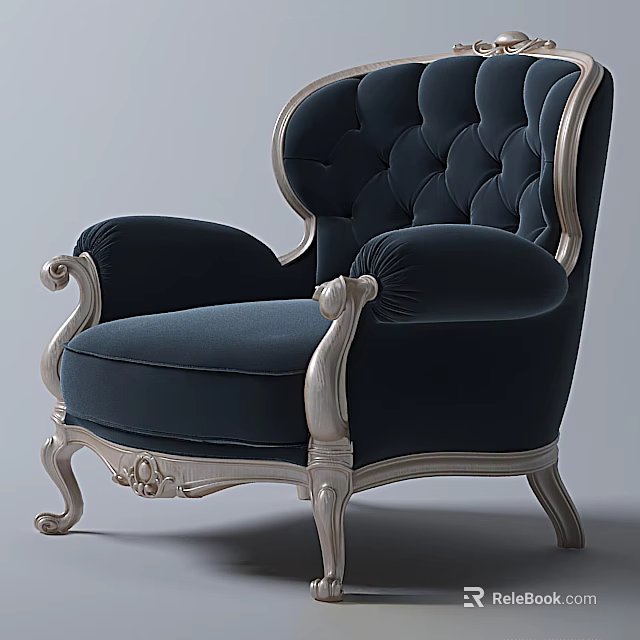 Classic Navy Blue Single Sofa With Tufted Backrest Carved Silver Legs And Scroll Armrests 3d model