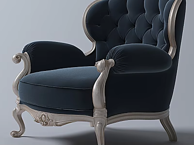 Classic Navy Blue Single Sofa With Tufted Backrest Carved Silver Legs And Scroll Armrests 3d model