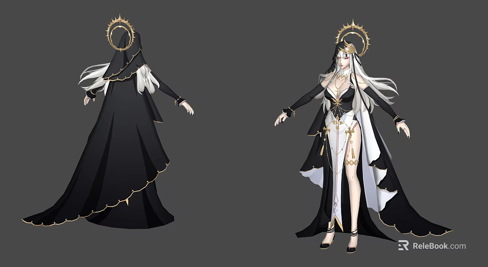 Woman With Long White Hair Golden Halo In Black And White Robe With Gold Accents 3d model 