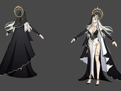 Woman With Long White Hair Golden Halo In Black And White Robe With Gold Accents 3d model