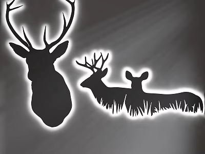 Deer Silhouette Wall Decor With Sunlight Rays And Grass Elements For Home 3d model