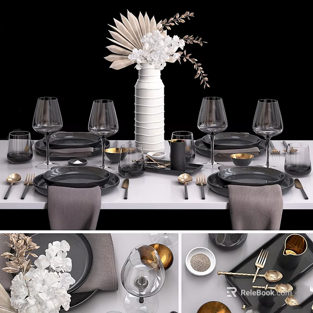 Elegant Tableware Set with Black Plates Gold Cutlery Wine Glasses And Linen Napkins 3d model 