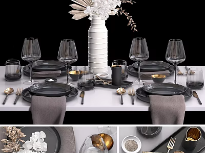 Elegant Tableware Set with Black Plates Gold Cutlery Wine Glasses And Linen Napkins 3d model