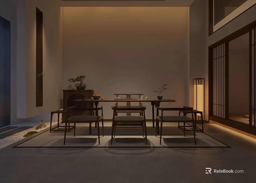 Traditional Chinese Teahouse Interior With Wooden Table Chairs Tea Sets And Hanging Lantern 3d model 