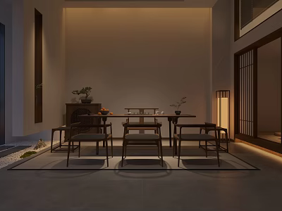 Traditional Chinese Teahouse Interior With Wooden Table Chairs Tea Sets And Hanging Lantern 3d model
