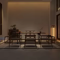 Traditional Chinese Teahouse Interior With Wooden Table Chairs Tea Sets And Hanging Lantern