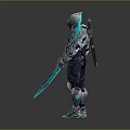 Futuristic Metallic Armor Character With Blue Glowing Sword And Shiny Details