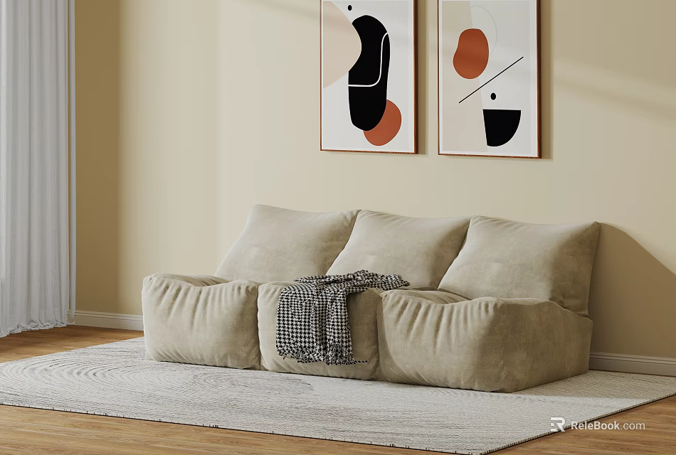 Comfy Beige Lazy Sofa With Plush Cushions And Checkered Blanket On Light Rug Wooden Floor 3d model 