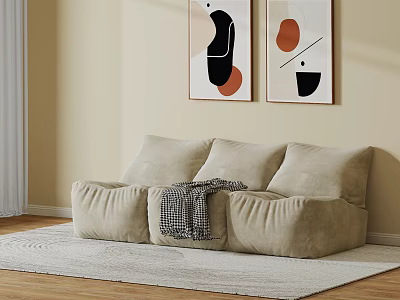 Comfy Beige Lazy Sofa With Plush Cushions And Checkered Blanket On Light Rug Wooden Floor 3d model