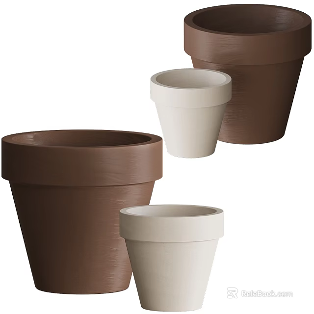 Stylish Ceramic Pots In Brown And White Hues With Various Sizes For Home Decor 3d model 