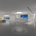 Modern Reception Desk With Marble Countertop Blue Backdrop Tech Inspired Lines And City View