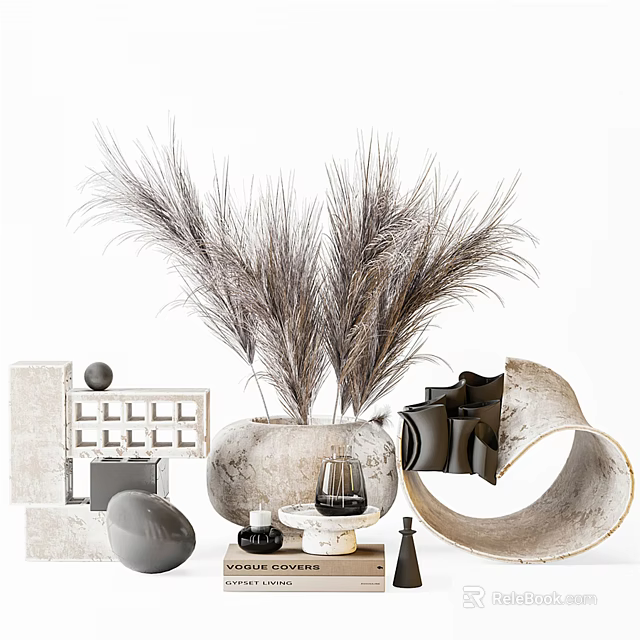 Modern Minimalist Decorative Ornament Set With Pampas Grass Textured Vase And Geometric Curved Pieces 3d model 