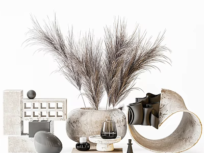 Modern Minimalist Decorative Ornament Set With Pampas Grass Textured Vase And Geometric Curved Pieces 3d model