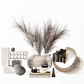 Modern Minimalist Decorative Ornament Set With Pampas Grass Textured Vase And Geometric Curved Pieces