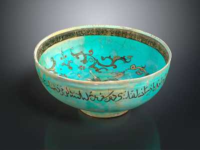 Turquoise Decorative Bowl With Gold Trim Intricate Patterns And Text Inscriptions 3d model