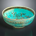 Turquoise Decorative Bowl With Gold Trim Intricate Patterns And Text Inscriptions