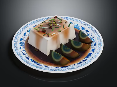 Fresh Green Herbs Garnishing Silky Tofu On Blue And White Patterned Plate With Sauce 3d model