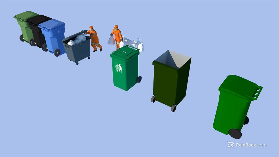 Public Waste Bins With Colorful Containers And Workers In Orange Uniforms 3d model 