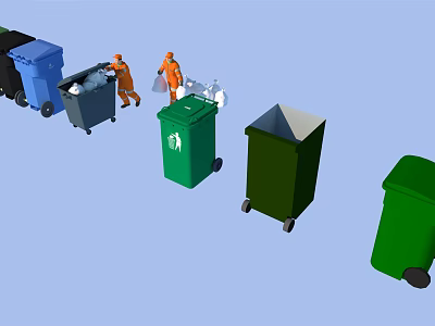 Public Waste Bins With Colorful Containers And Workers In Orange Uniforms 3d model
