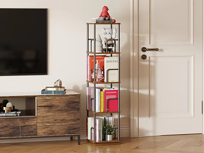 Modern Living Room With Wooden TV Stand Tall Bookshelf And Colorful Books 3d model