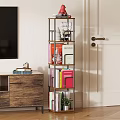 Modern Living Room With Wooden TV Stand Tall Bookshelf And Colorful Books