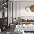 Modern Bedroom Interior Design With Glass Wardrobe Round Wall Decor And Bedside Lamp