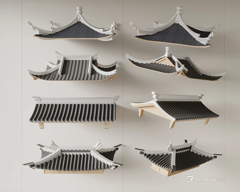 Various Traditional Chinese Architectural Roof Components Showcasing Curved Eaves and Tile Designs 3d model 