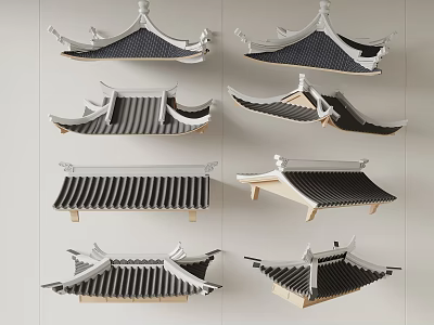 Various Traditional Chinese Architectural Roof Components Showcasing Curved Eaves and Tile Designs 3d model