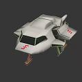 White Futuristic Geometric Craft With Red Logo And Landing Gear On Dark Reflective Surface