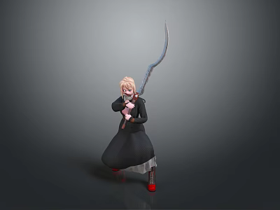 Blonde Haired Woman In Black Coat Holding Large Sword With Red Shoes And Black Skirt 3d model
