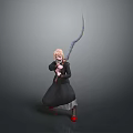 Blonde Haired Woman In Black Coat Holding Large Sword With Red Shoes And Black Skirt