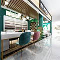 Elegant Beauty Salon Interior With Green Decor Manicure Tables Eyelash Beds And Product Shelves