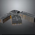 3D Architectural Building Complex Model with Grey Roof Windows and Orange Base Entrance