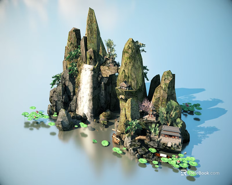 Traditional Chinese Garden Ornament With Rock Formation Waterfall Lotus Leaves And Small House 3d model 