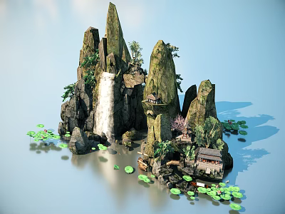 Traditional Chinese Garden Ornament With Rock Formation Waterfall Lotus Leaves And Small House 3d model