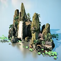 Traditional Chinese Garden Ornament With Rock Formation Waterfall Lotus Leaves And Small House