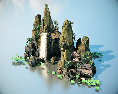 Chinese landscape sketch realism rockery stacked stone waterfall lotus 3d model
