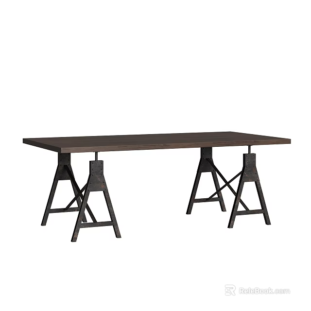 Modern Dining Table With Dark Wooden Top And Black Geometric Metal Legs 3d model 