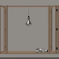 Open Light Wood Casement Window With Wooden Frame Hanging Lamp And Small Shelf Decorative Item