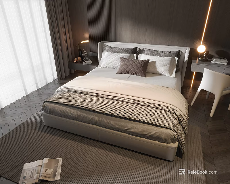 Modern Bedroom Double Bed With Gray Frame White Sheets Multiple Pillows Nightstand Table Lamp 3d model 