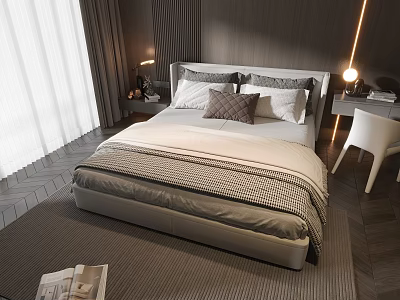 Modern Bedroom Double Bed With Gray Frame White Sheets Multiple Pillows Nightstand Table Lamp 3d model